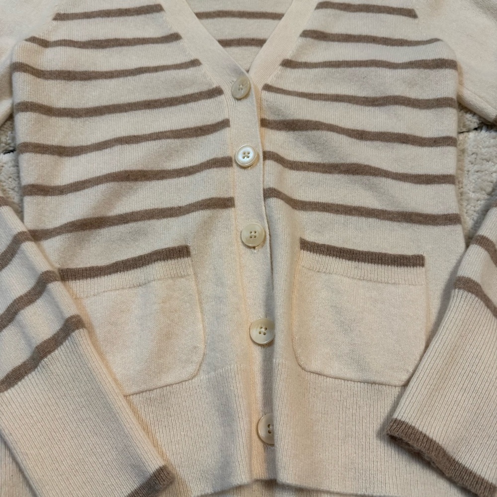 Nordstrom 100% Cashmere Striped Cream and Brown Cardigan - Picture 3 of 4